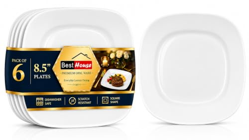 BH | Opalware Square Dessert Plates | Set of 6 | 8.5 Inch / 21.5 cm | White Side Plates for Cake, Desserts, Snacks & Starters | Microwave, Oven & Dishwasher Safe Tableware – By Best House