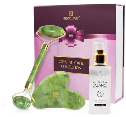 Enigma Haven London® Premium Jade Roller & Gua Sha Set – 5-in-1 Skin Serum, Anti-Aging Glow Facial Massager, Luxury Skincare Gift for Women & Men (with Hyaluronic Acid + Vitamin C + Niacinamide)