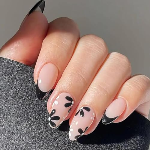 Almond-Shaped Press-On Nails with Black and White Floral and Polka Dot Designs - Short False Nails, Glossy Finish, Reusable Stick On for Women, Minimalist Elegant Aesthetic