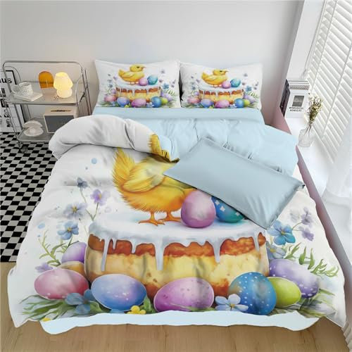 JSCWDET Bettwäsche 155×220Cm+2×80X80Cm,Osterthema Modern Bettwäsche Set Gelbes Küken Microfaser Einzelbett Wendebettwäsche Bettbezug Und Kissenbezug 80×80Cm Mit Reißverschluss