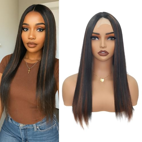 Zifeiya 18 Inch Highlight Color Long Straight Hair Wigs for Black Women Glueless Middle Part Natural Looking Soft Natural Like Human Hair Synthetic Wig Small Lace Ombre Color