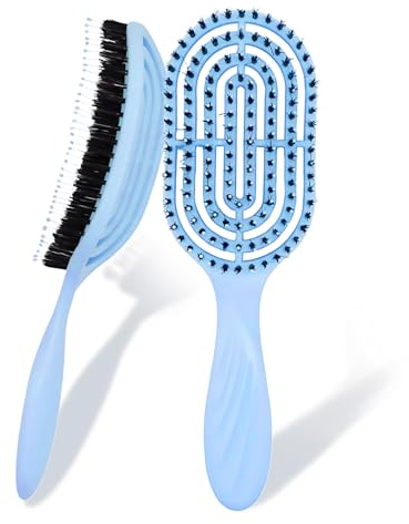Boar Bristle Hair Brush with Nylon Pins, Vented Paddle Detangling Brush for Wet & Dry Hair, Anti-Frizz Smoothing Brush for Curly, Thick & Straight Hair, Women & Men – Sea Mist Blue