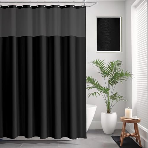 Leinen Texturiert Duschvorhang 183x183cm, Anti-Schimmel Waschbar Badewanne Duschvorhang mit Netzfenster & 12 Edelstahl Ringe, 230GSM Gewichtete Schwerer Stoff Textil Wasserdicht Badevorhang, Schwarz