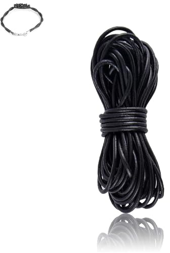 Cowhide Round Leather Cords Rope String for Bracelet Necklace Jewelry Making Lanyards DIY Crafts, Black, Top Grain Leather Cord 5 m