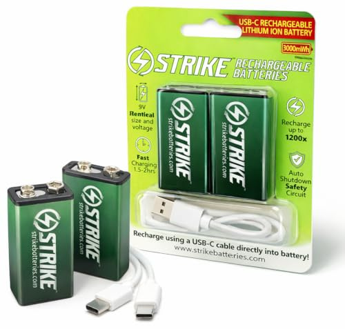 9V Battery Lithium Ion 2 Pack Smart LED 9V 3000mWh USB-C Rechargeable with Charging Cable, No Charging Box Needed!