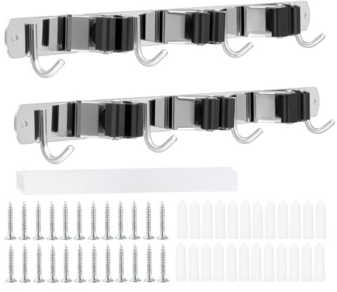 ZEONHEI 2 Stück Besenhalterung Wand Selbstklebend Gerätehalter, Edelstahl Gartengerätehalter mit 3 Haltern und 4 Haken, Werkzeughalter Organizer Besenhalter Wand für Garten, Garage, Küche