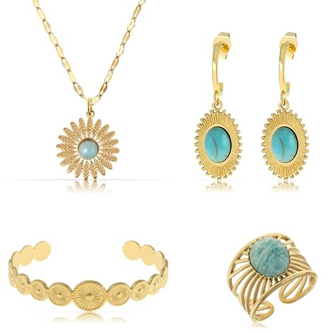 Made by Nami Boho Schmuckset Halskette Gold Damen mit Anhänger + Armband Gold + Ohrringe Hängend + Verstellbarer Ring aus Chirurgischem Edelstahl Boho Schmuck Damen Wasserfest & Hypoallergen (Set 4.2)