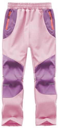 Buyboxs Kids Snow Pants Girls Waterproof Ski Pants Youth Winter Warm Fleece Lined Hiking Trousers Softshell Snowpants, Pink/Purple M