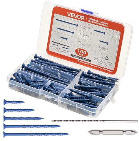 VEVOR Concrete Screws 100 PCS Kit, 3/16 inch 5 Lengths Assortment with Drill Bits, Phillips Head Masonry Screws, Blue Coated Carbon Steel for Concrete Brick Block & Wood