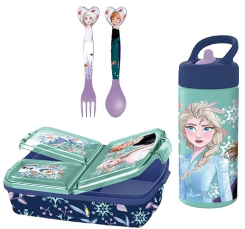 Set Scuola Frozen bambina - Portapranzo 3 Scomparti, Posate e Borraccia 410 ml, Pranzo e Merenda, Ideale per Bambini e Fan Disney