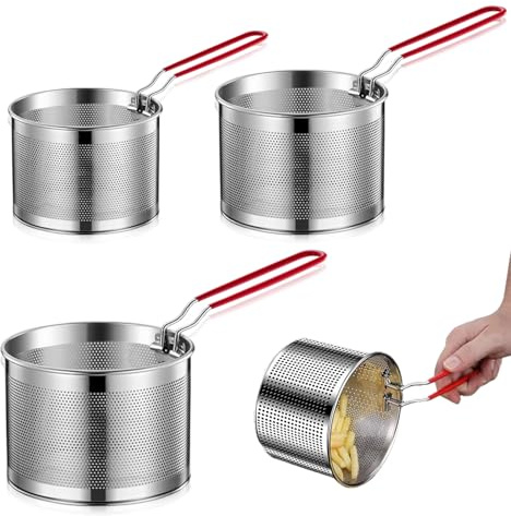 3 PCS Pasta Strainer, Stainless Steel Noodle Strainer Basket with Removable Handle Frying Baskets Strainers for Chip Fruits Vegetables Draining (14/16/18cm)