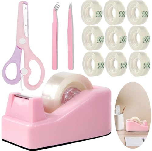 XEUZK Desktop Tape Dispenser Kits with Weighted Nonskid Base Tape Dispenser- Includes 9 Rolls of Transparent Tape(0.71 Inch x 500 inches Each) & Pink Scissors, 2 Pcs Tweezers (Pink)
