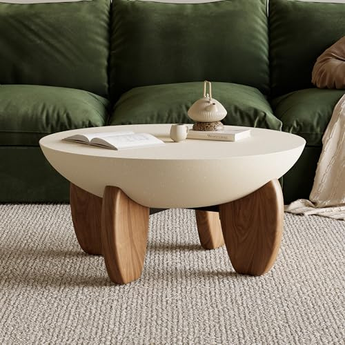 Homary Runder Couchtisch Betonoptik, Moderner Wohnzimmertisch mit Walnuss-Eschenholz Beinen, Minimalistischer Design Couchtisch für Wohnzimmer, Elfenbein & Walnuss, 76 cm