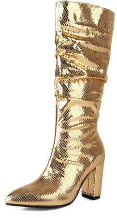MODSGUE Damen Karneval Stiefel Blockabsatz Glitzer Strass Overknee Winterstiefel Metallic High Heels Langschaftstiefel Wanderschuhe mit Reißverschluss Schuhe