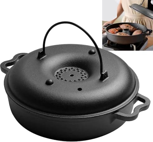 Gettimore Plat à rôtir en fonte pour four, grill de camping en plein air avec couvercle, casserole ronde pour patates douces, 27 x 22 x 10 cm, compatible avec cuisinière et feu