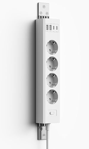 Inhwatek Multiprise Murale avec Interrupteur, 360° Montage Murale 2m, Multiprise 4 Prises avec Port USB Charge Rapide, parafoudre et surtension, Rallonge Electrique pour Cuisine Bureau