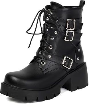 TNMIUH Botas Mujer Plataforma Estilo Gótico Punk, Negro con Hebillas y Cordones, Suela Gruesa Antideslizante, Botines Militares de Tacón Cuadrado,Black Leather,40 EU