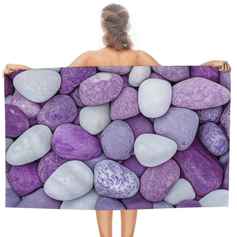 Asciugamano da spiaggia con ciottoli viola e bianchi, in microfibra, grande, multiuso, assorbente, per bagno e piscina, 130 x 80 cm