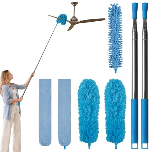 marysgift Feather Duster,7 Pcs Bendable Washable Chenille Duster, 98.4 in / 250 cm Long Flat Dusters for Cleaning Extendable,Telescopic Duster for Fan,High Ceiling,Furniture (Blue)