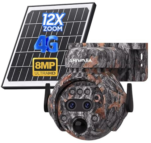 SHIWOJIA Camera Surveillance 4G Exterieure sans Fil Solaire, 12X Zoom Hybride, 8MP Caméra de Surveillance 4G avec Double Objectif, 360° PTZ Caméra, Détection Humaine PIR, IP65