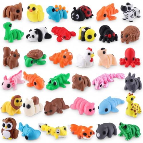 JOLCEEY 36 Stück 3D Tiere Beweglich Set, 1.7-4.6cm Große 3D Gedruckte Tiere | Bunte Bewegliche Tierfiguren Mini Figuren Set für Kindergeburtstag Mitgebsel Büro Deko Anti Stress Spielzeug Partyspielzeug