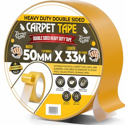 gzzhongheng Double Sided Carpet Tape 2 Rolls 50mm x 33m – Heavy Duty Extra Strong Rug Gripper Tape for Carpets, Area Rugs & Stair Treads, Residue-Free Anti-Slip Adhesive for Wood, Tile, Vinyl