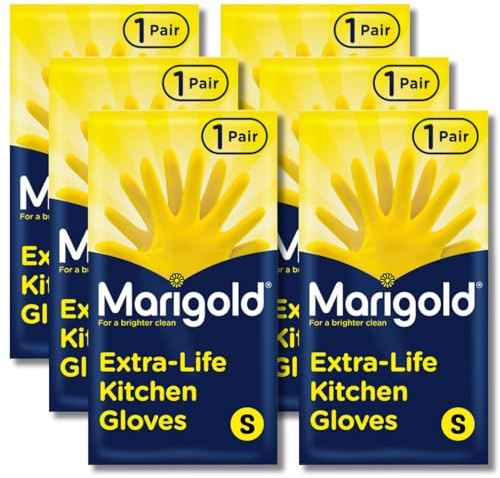 Marigold 6 Pairs of Extra-Life Kitchen Cleaning Gloves | Roll-Top Cuffs Natural Rubber Latex Textured Grip Gloves with Cotton Lining for Dishwashing, Deep Cleaning & Household Tasks | (Small) - Yellow