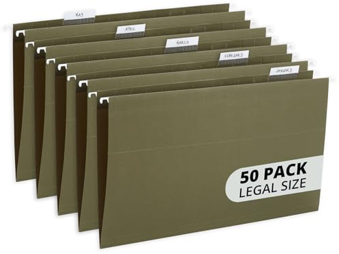 Blue Summit Supplies 50 Legal Size Hanging File Folders, 1/5 Cut Adjustable Tabs, 5 Tab Locations, Designed for Legal and Law Office File Organization, Standard Green, 50 Pack, Legal Size