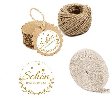 Super Idee 100stk. Geschenkanhänger Kraftpapier Papieranhänger+100stk. kleine runde Aufkleber Schön, DASS Du da bist+10m Spitzenband+20m Bastelschnur für Gastgeschenke Hochzeitsdeko DIY
