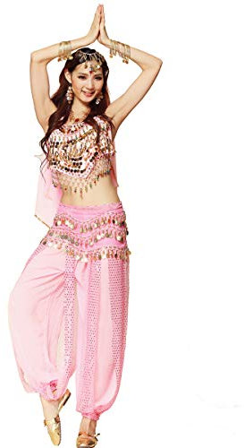 Wuchieal Bauchtanz Kostüm Damen Phantasie 4 Teile Bauchtanz Outfits Kostüm (Pink, One Size)