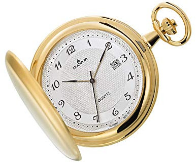 DUGENA Savonette Taschenuhr 4460637-1 – Quarzwerk – Edelstahlgehäuse – Silbernes Zifferblatt mit Guilloché – Datum & kleine Sekunde – Inklusive Kette