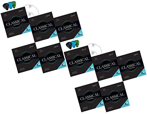 Shaman Gitarrensaiten für Konzertgitarre - 10 Satz Premium Nylon Saiten für klassische Gitarre und Akustikgitarre - 6+2 Saiten-Set inklusive 3 Plektren, D-Saite und extra hohe E-Saite