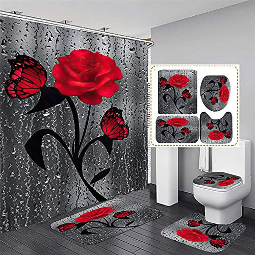 Fgolphd Duschvorhang Blume 180x200 180x180 Strand Bunt Badezimmerteppich 4-teiliges Set, Shower Curtains Wasserdicht (180 x 200 cm,7)
