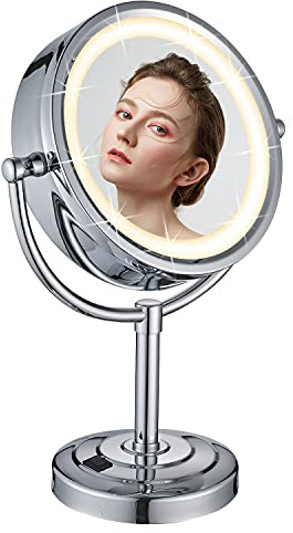 DOWRY Schminkspiegel mit Beleuchtung 1x/7x LED Kosmetikspiegel Stehend Vergrößerungsspiegel mit Licht Tischspiegel Chrom Doppelseitiger Spiegel,Durchmesser 21.5cm