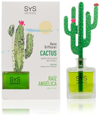 SYS Aromas Ambientador Decorativo Cactus - Fragancia Duradera Raíz Angélica - Aromatizador de Hogar, Oficina y Baño - 90 ml