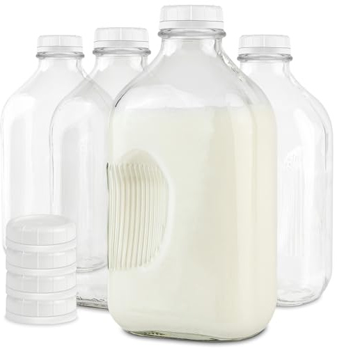 Stock Your Home Half Gallon Glass Milk Bottle with Lid (4 Pack) 64 Oz Jugs and 8 White Caps, Reusable Food Grade Milk Container for Refrigerator, Bottles for Juice, Oat or Plant Milks, Water, Honey