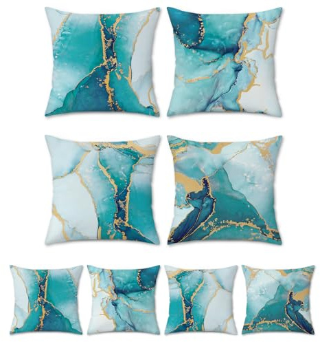 Bonhause Teal Marble Cushion Covers 45 x 45 cm Double Sided Turquoise Gold Abstract Modern Decorative Throw Pillow Covers for Sofa Patio Home Decor Set of 4