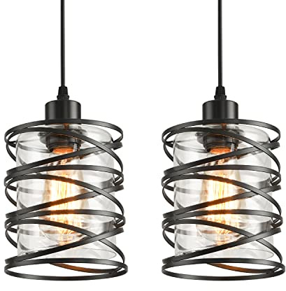 IHENGYANLT 2 Pack Black Spiral Cage Pendant Lights with Clear Glass Shade, Suitable for Kitchen Island, Dining Table, Entryway, Restaurant