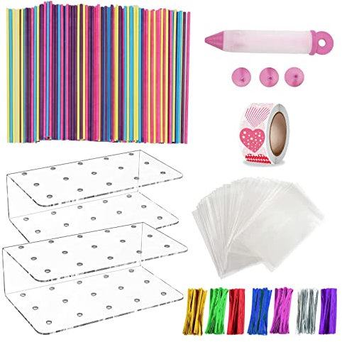 200 Bâtonnets Colorés à Pop Cake +Support Sucette Sacs à Cake Pop Attaches Torsadées Autocollants Stylo de Décoration, Fournitures d'emballage Présentoir pour Bonbons Chocolat Lollipop Collations