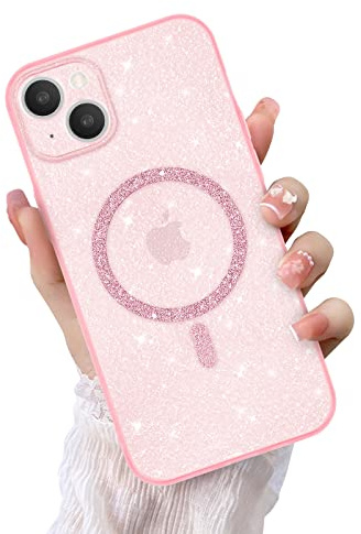 Newseego Glitzer iPhone 14 Plus Hülle für Mädchen Frauen [Kompatibel mit MagSafe] Niedlich Bling Stylische Magnetische Hülle Transparent Schlank Stoßfest Kamera Schutzhülle für iPhone 14 Plus-Rosa