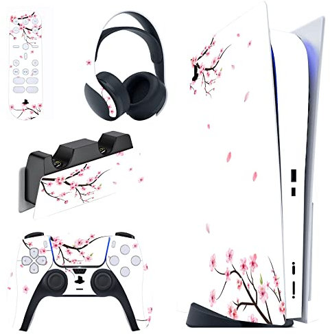 PlayVital Skin Stickers für ps5 Konsole Regular Edition,Vinyl-Skin Folie Stickers Aufkleber Schutzfolie für PS5 Konsole,Controller,Ladestation,Headset,Medienfernbedienung-Fallende Kirschblüten