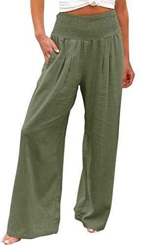 EMATOP Sommerhose Damen Leicht Leinenhose Casual Weites Bein Hosen Elegant Hohe Taille Strandhose Lässige Lose Stoffhose mit Taschen Freizeithose Baumwolle Einfarbig Jogginghose Bequem Yogahose
