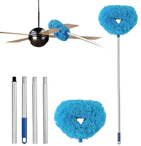Ceiling Fan Cleaner Duster Reusable Microfiber Ceiling Fan Blade Cleaner Removable Duster with Extension Pole Adjusts 13 to 49.7 Inch for Cleaning Walls Bookshelves Furniture Door Window Top (Blue)