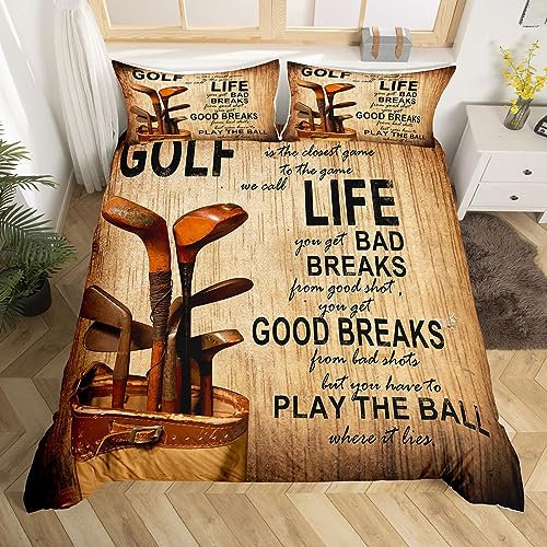 Set copripiumino per bambini con palline da golf, set di biancheria da letto per ragazzi e adulti, decorazione per la camera da letto, motivo: mazze da golf, stile vintage, marrone, vintage, 2 federe