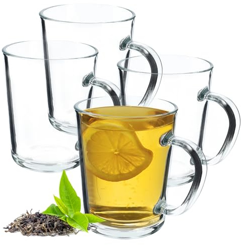 KADAX Durchsichtiger Glasbecher mit Griff, spülmaschinenfeste Trinkgläser mit Henkel, Kaffeegläser aus Glas, Teegläser, Wassergläser, Glastassen für Heiß (4 x 410ml)