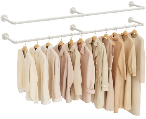 Yawinhe 178cm Kleiderstange Wandmontage,2 Pack Garderobenstange,Cremefarbe | Industrierohr Kleiderstangen,Kleiderbügel für die Wand, Platzsparenders Wandregal Küchenregal mit 3 Basen, für Geschäft