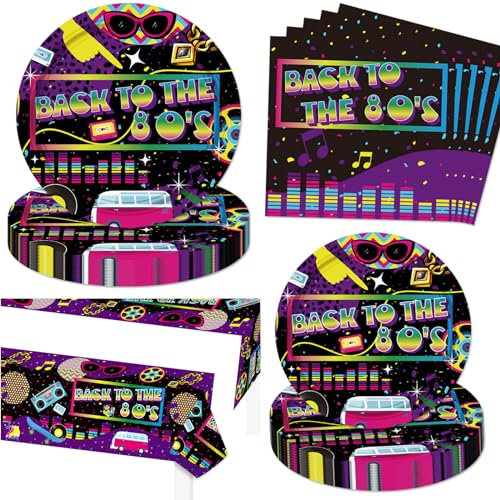 Letromp 80s Party Supplies Back to the 80s Party Paper Plates Napkins Tablecloth for Throwback 80's/Funny 1980's/I Love 80s/Hip Hop Birthday Wedding Party Supplies Decorations