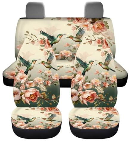 UOIMAG Autositzbezüge mit Blumenmuster, Kolibri für Damen, ästhetisches Autozubehör, komplettes Set, 4-teiliges Autositzschoner