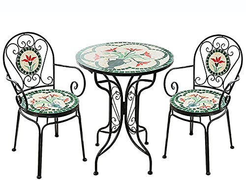 3-teiliges Bistro-Set im europäischen Stil aus Eisen mit Retro-Buntglas-Mosaik-Blumenmuster und Armlehne (Antikgrün A)