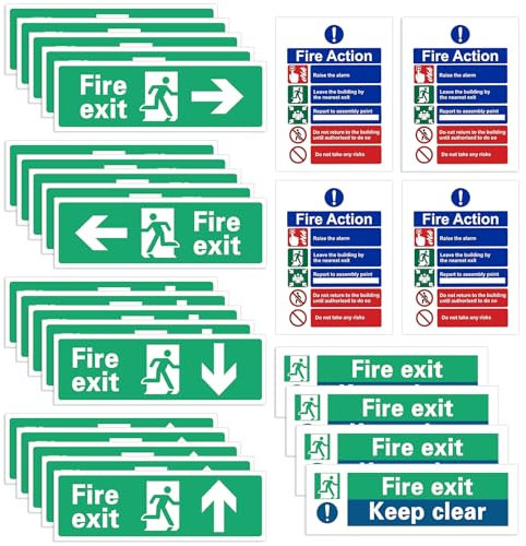 INNAL 28Pcs Safety Signs - 20Pcs Fire Exit, 4Pcs Action Notice, 4Pcs Keep Clear - Weatherproof Self Adhesive With Clear Directional Arrows